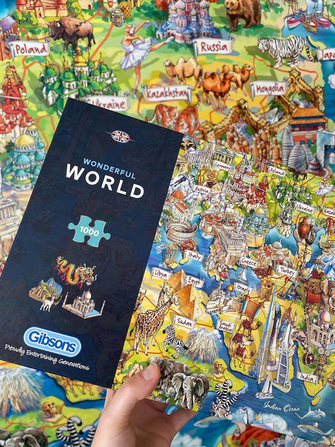 Gibsons Wonderful World 1000 Piece Jigsaw Puzzle for Adults – Illustrated Map of Planet Earth by Maria Rabinky – Colourful World Landmarks Design – Premium Sustainable Puzzle Made in the UK/EU