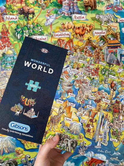 Gibsons Wonderful World 1000 Piece Jigsaw Puzzle for Adults – Illustrated Map of Planet Earth by Maria Rabinky – Colourful World Landmarks Design – Premium Sustainable Puzzle Made in the UK/EU