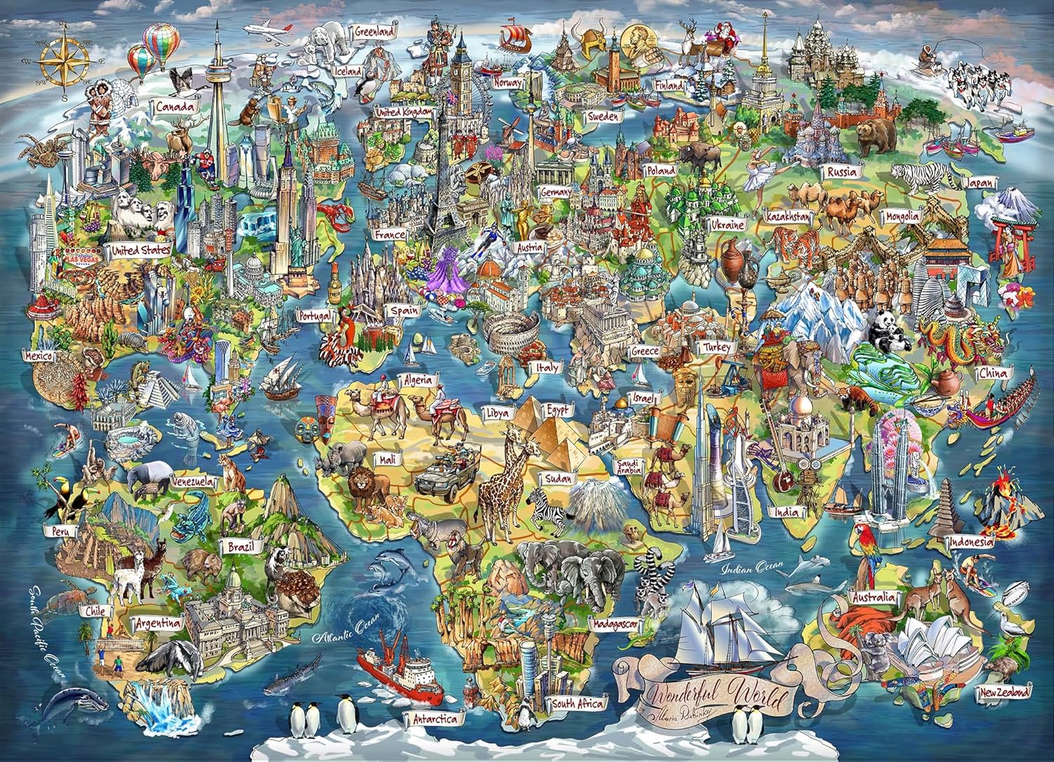 Gibsons Wonderful World 1000 Piece Jigsaw Puzzle for Adults – Illustrated Map of Planet Earth by Maria Rabinky – Colourful World Landmarks Design – Premium Sustainable Puzzle Made in the UK/EU