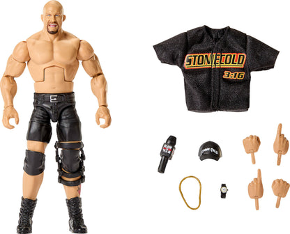 Mattel WWE Elite Action Figure & Accessories, Series #122 Set, 6-inch Collectible “Stone Cold” Steve Austin with 25 Articulation Points & Swappable Hands, JHT52