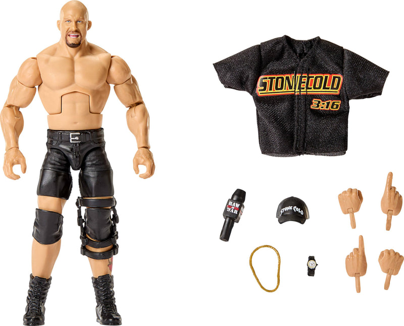 Mattel WWE Elite Action Figure & Accessories, Series #122 Set, 6-inch Collectible “Stone Cold” Steve Austin with 25 Articulation Points & Swappable Hands, JHT52