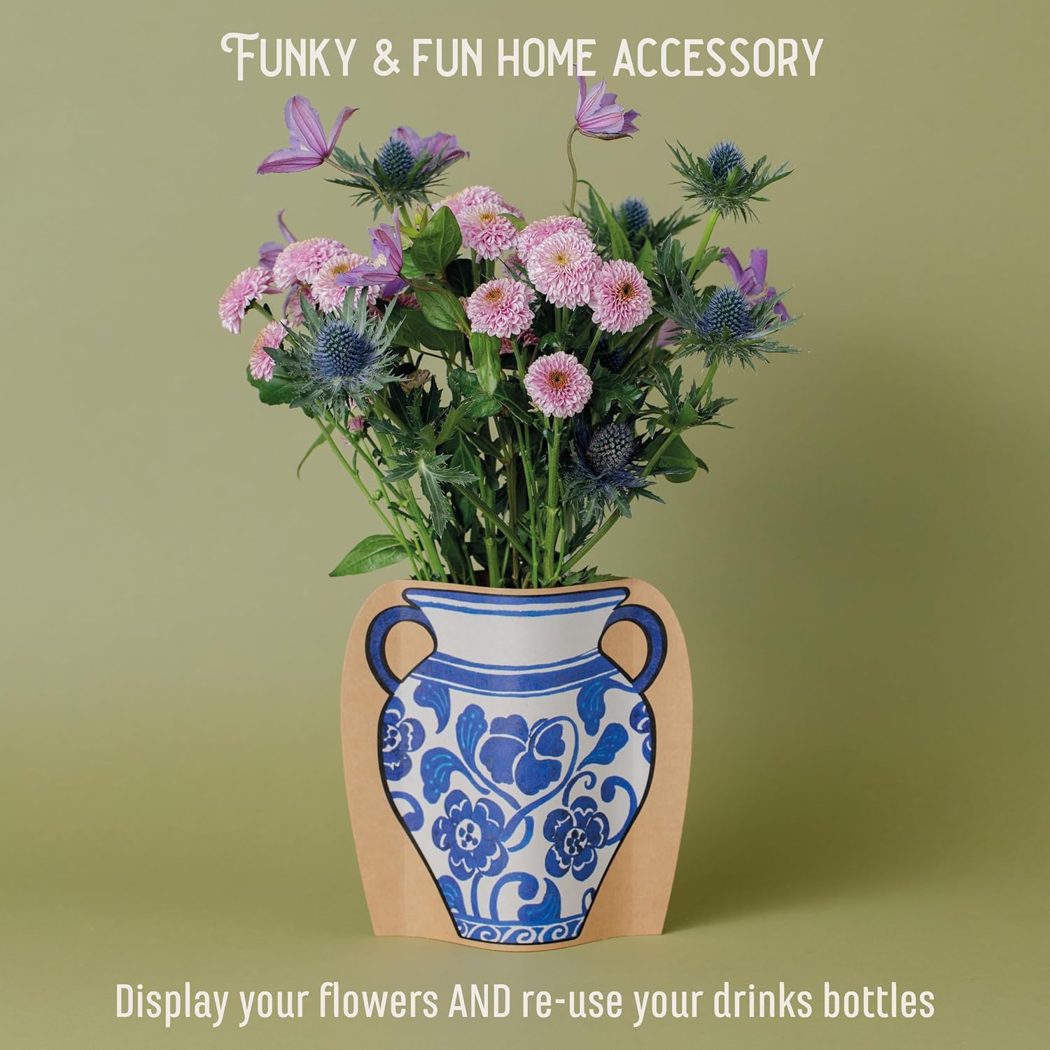 IF Decorative Vase Sleeve - Home decor - upcycle plastic bottles by covering them. Double sided cardboard cover - two vase designs per pack - Blue & White Floral