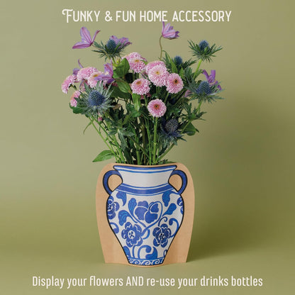 IF Decorative Vase Sleeve - Home decor - upcycle plastic bottles by covering them. Double sided cardboard cover - two vase designs per pack - Blue & White Floral