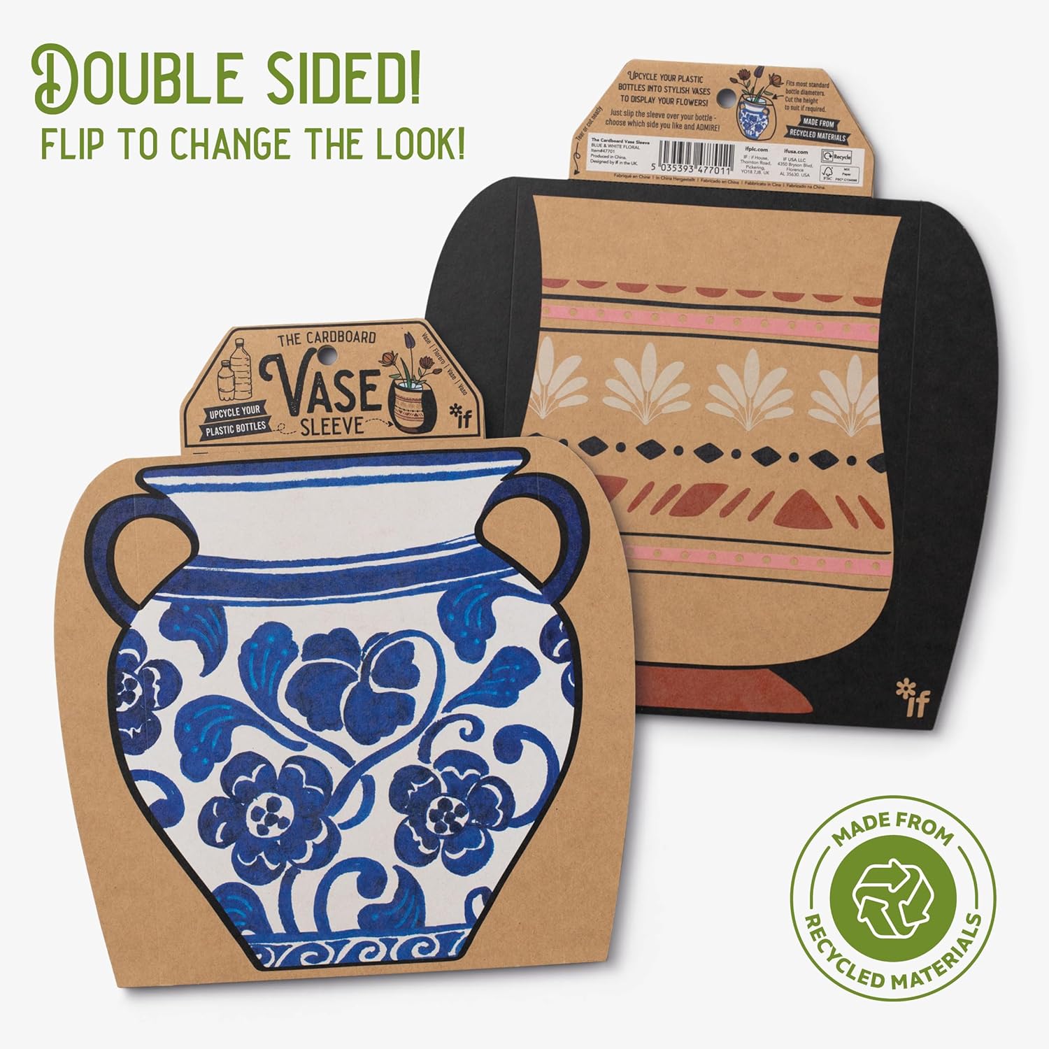 IF Decorative Vase Sleeve - Home decor - upcycle plastic bottles by covering them. Double sided cardboard cover - two vase designs per pack - Blue & White Floral