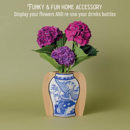 IF Decorative Vase Sleeve - Home decor - upcycle plastic bottles by covering them. Double sided cardboard cover - two vase designs per pack - Blue & White Oriental
