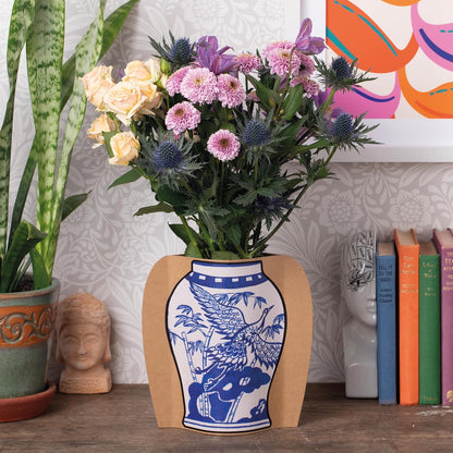 IF Decorative Vase Sleeve - Home decor - upcycle plastic bottles by covering them. Double sided cardboard cover - two vase designs per pack - Blue & White Oriental