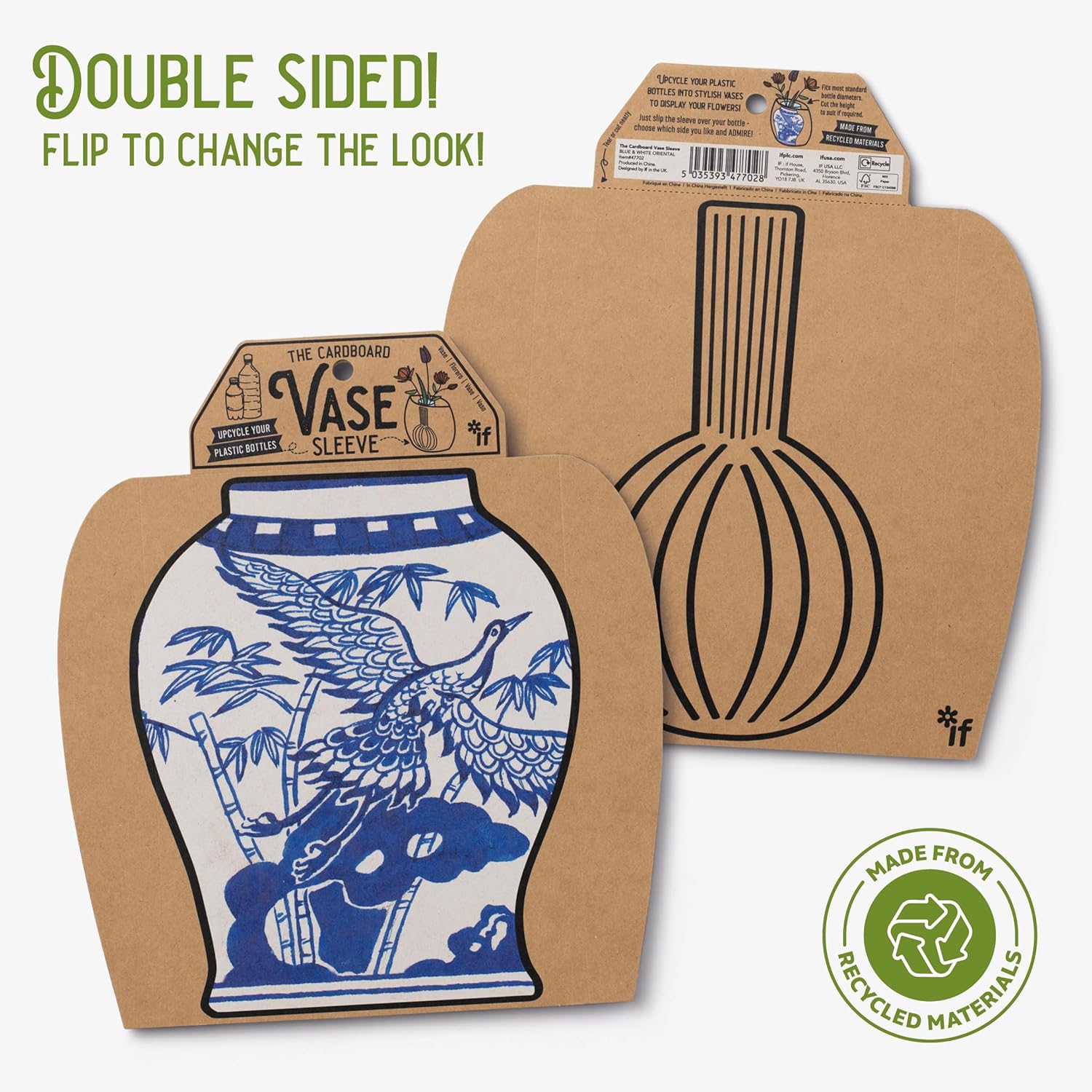 IF Decorative Vase Sleeve - Home decor - upcycle plastic bottles by covering them. Double sided cardboard cover - two vase designs per pack - Blue & White Oriental