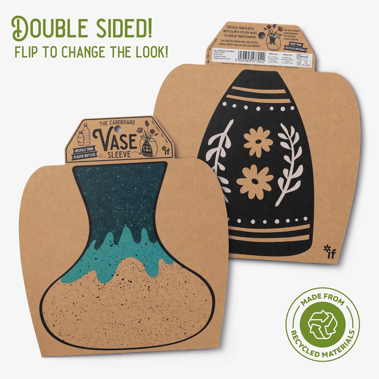 IF Decorative Vase Sleeve - Home decor - upcycle plastic bottles by covering them. Double sided cardboard cover - two vase designs per pack - Drippy Glaze