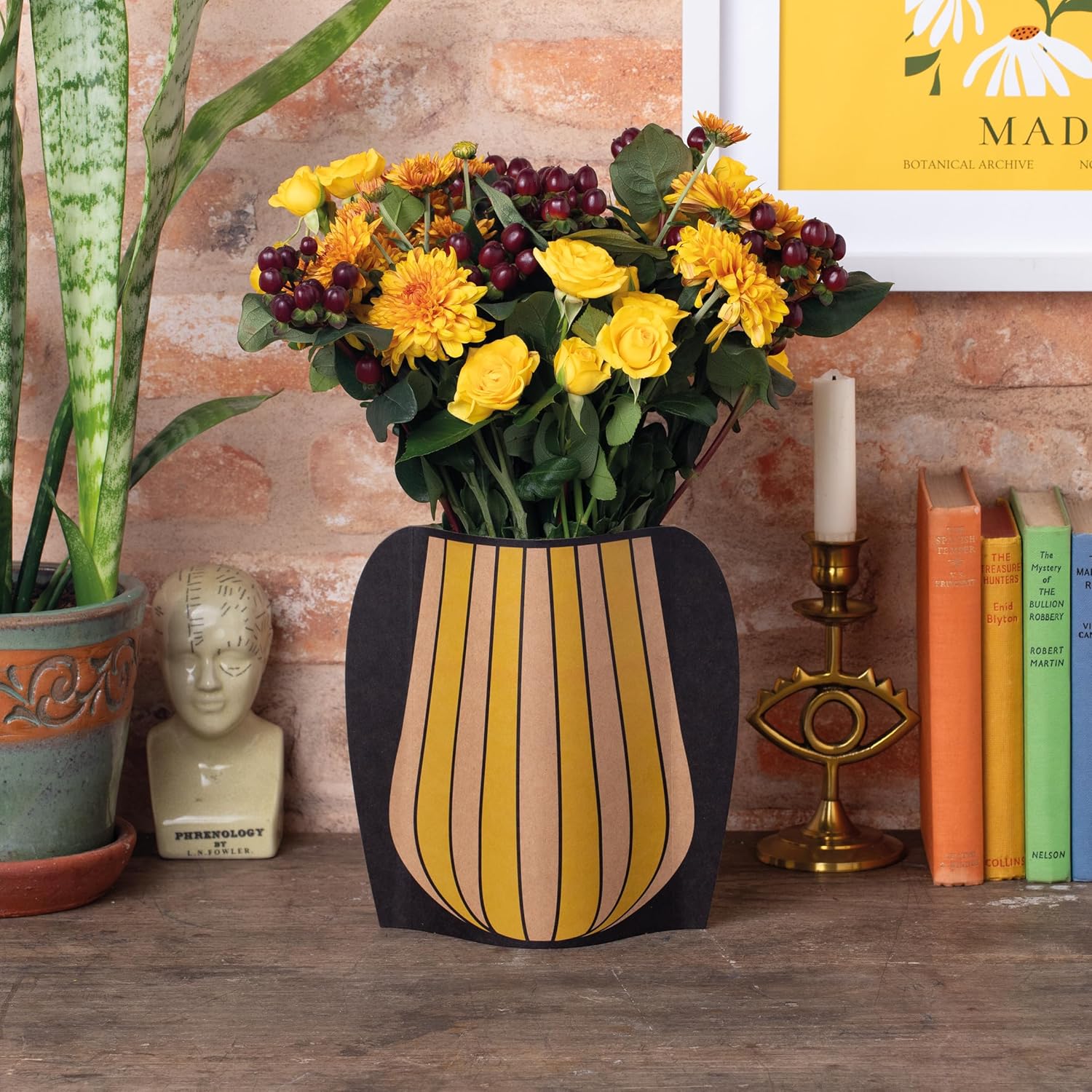 IF Decorative Vase Sleeve - Home decor - upcycle plastic bottles by covering them. Double sided cardboard cover - two vase designs per pack - Yellow Stripy