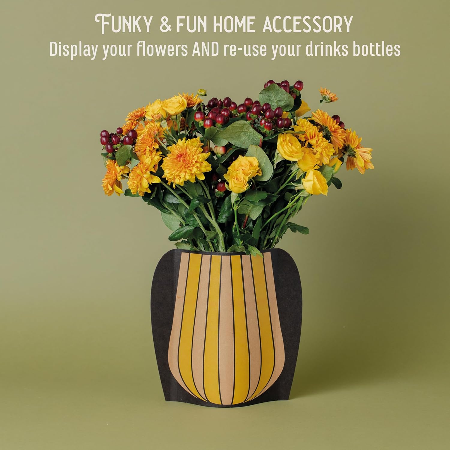 IF Decorative Vase Sleeve - Home decor - upcycle plastic bottles by covering them. Double sided cardboard cover - two vase designs per pack - Yellow Stripy