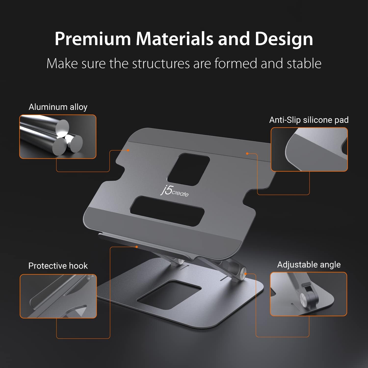 j5create Multi-Angle Aluminium Laptop Stand, Ergonomische Notebook Stand, Geschikt voor MacBook, Dell, HP, Lenovo, Voor de meeste laptops tot 16 inch (JTS127