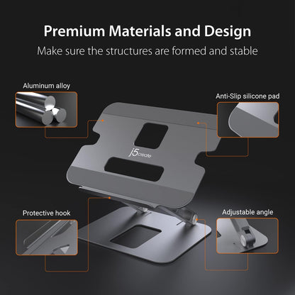 j5create Multi-Angle Aluminium Laptop Stand, Ergonomische Notebook Stand, Geschikt voor MacBook, Dell, HP, Lenovo, Voor de meeste laptops tot 16 inch (JTS127