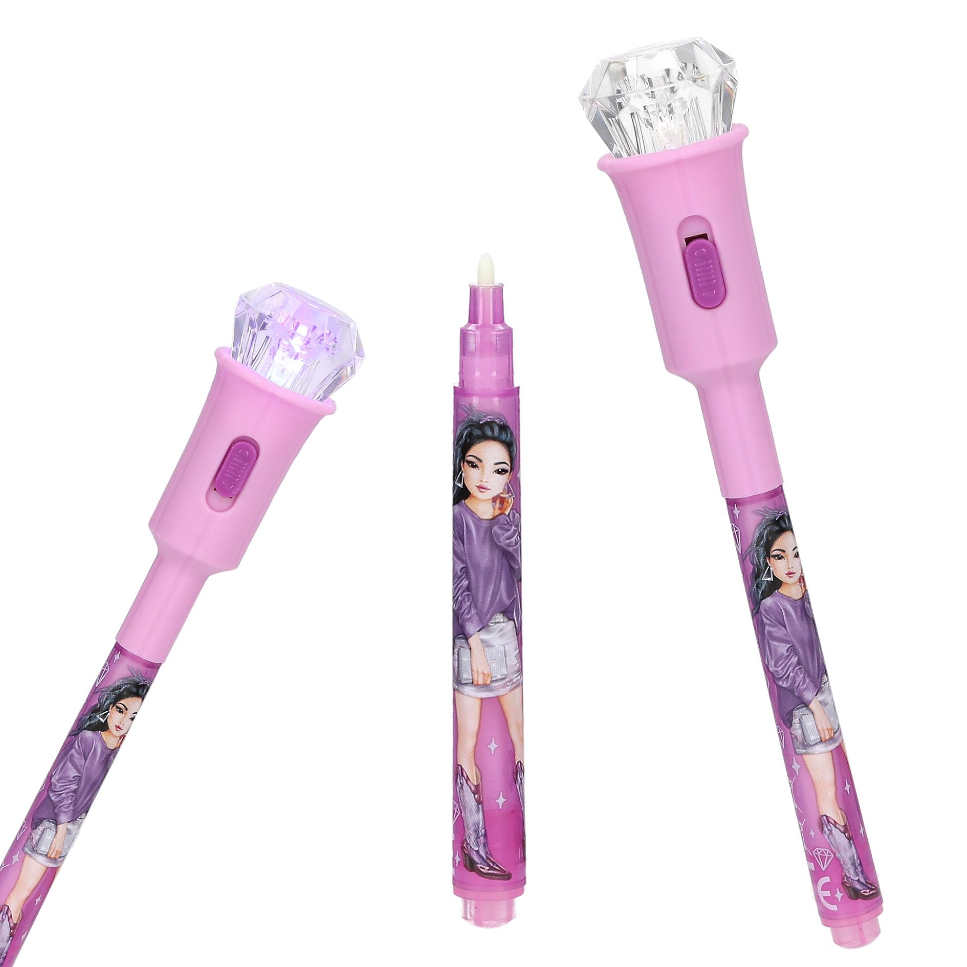 Depesche TOPModel 13181 Secret Pen in Pink with Model Motif, Fibre-Tip Pen with Invisible Ink and Diamond Topper with UV Light, Includes Batteries