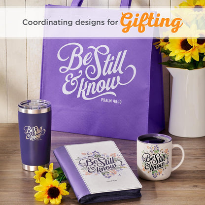Christian Art Gifts Stainless Steel Double Wall Vacuum Insulated Tumbler 18 oz Purple Bible Verse Travel Mug with Retractable Lid for Women with Bible Verse - Be Still & Know - Psalm 46:10