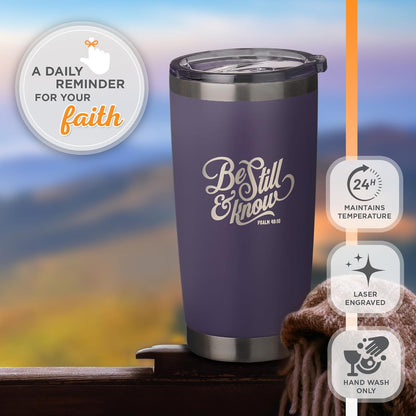 Christian Art Gifts Stainless Steel Double Wall Vacuum Insulated Tumbler 18 oz Purple Bible Verse Travel Mug with Retractable Lid for Women with Bible Verse - Be Still & Know - Psalm 46:10
