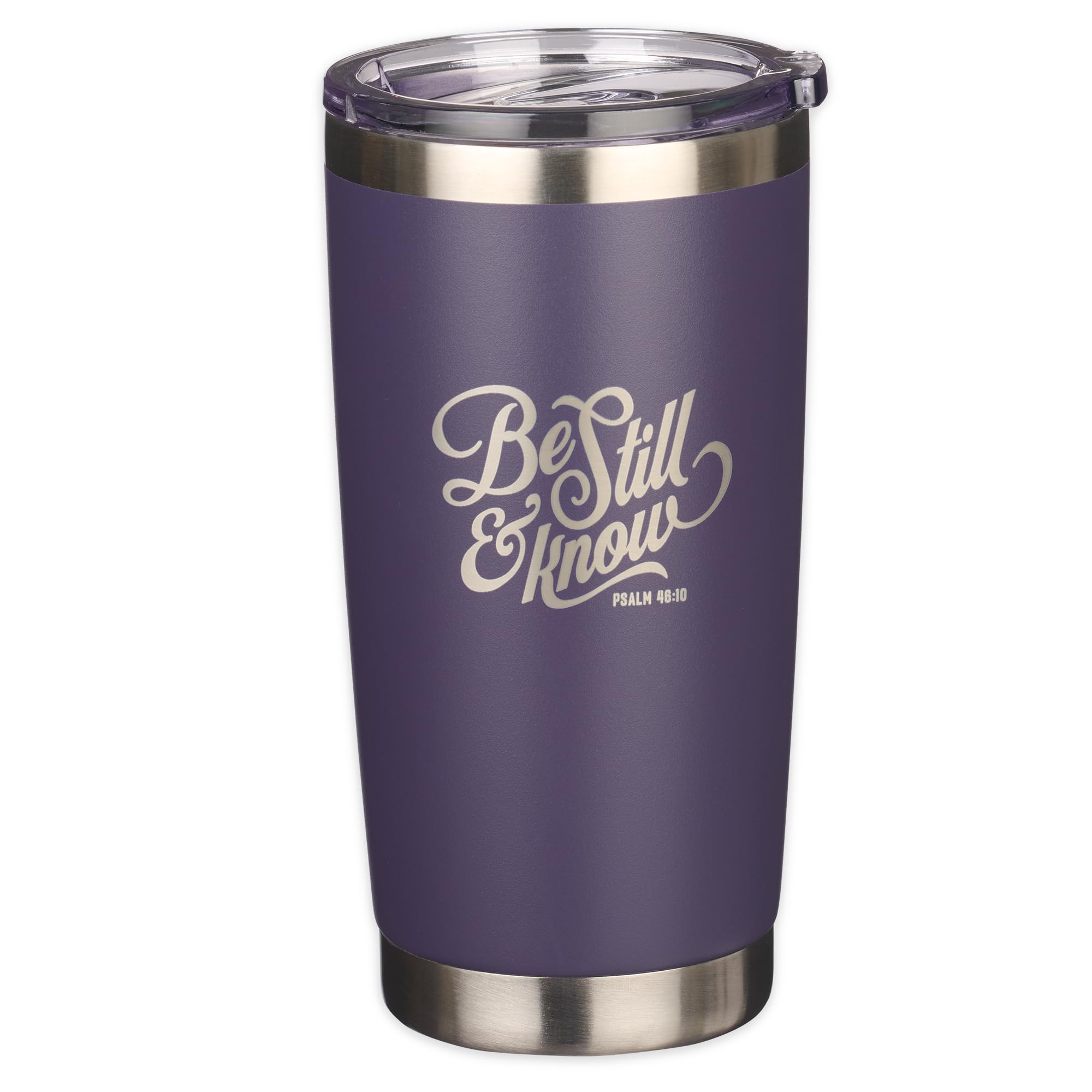 Christian Art Gifts Stainless Steel Double Wall Vacuum Insulated Tumbler 18 oz Purple Bible Verse Travel Mug with Retractable Lid for Women with Bible Verse - Be Still & Know - Psalm 46:10
