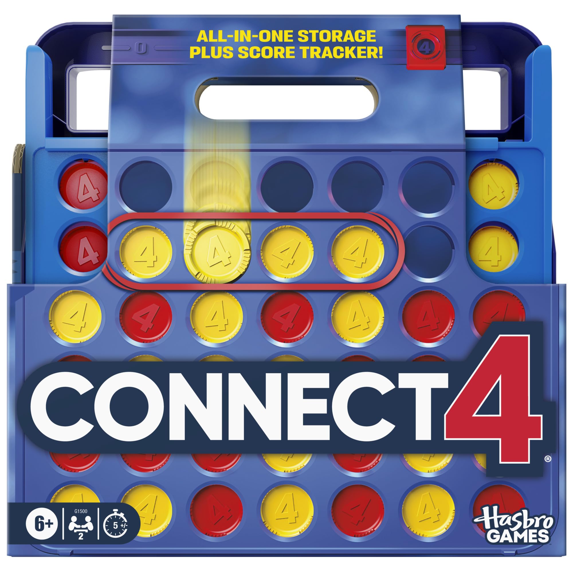 Official Hasbro Games Connect 4 Game (2025 Edition) | All-in-1 Storage, Carrying Case, Score Tracker | Ages 6+ | 2 Players | Family Games for Children - English Version