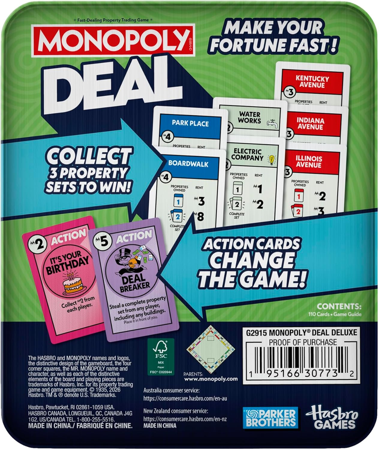 Monopoly Deal Card Game in Collectible Storage Tin | Ages 8+ | 2-5 Players | 15 Mins. | Fun Family Games for Children, Teens and Adults | Travel Games - English Version