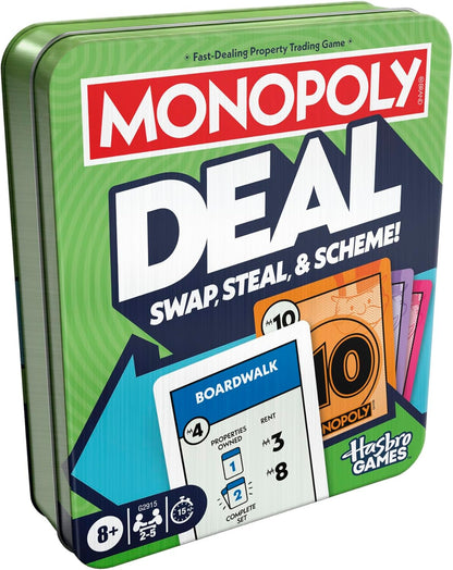 Monopoly Deal Card Game in Collectible Storage Tin | Ages 8+ | 2-5 Players | 15 Mins. | Fun Family Games for Children, Teens and Adults | Travel Games - English Version
