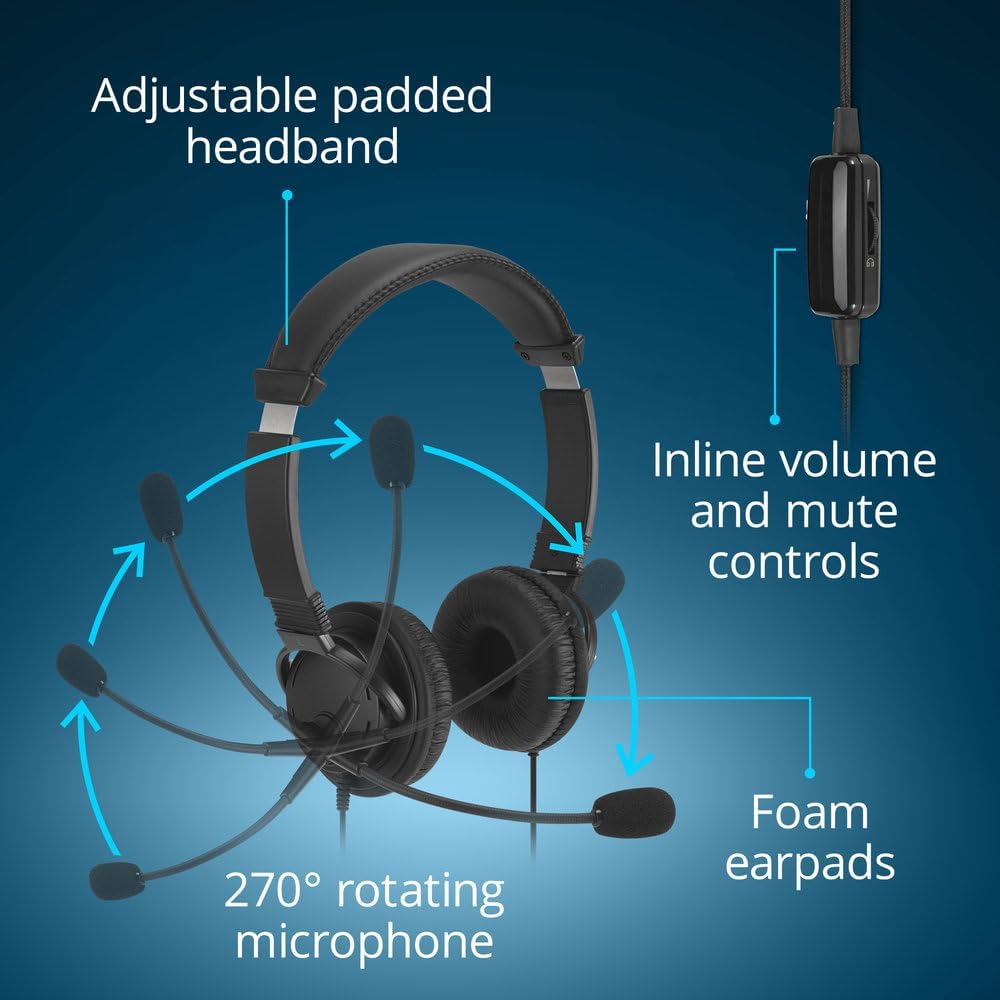 Kensington Classic EQ USB-C Headset with Mic and Volume Control, 6 ft (1.8m) Nylon Braided Cord, for School, Kids, Adults, Padded Adjustable Headband, Black (K97464WW