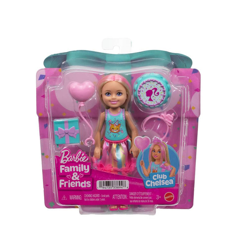 Barbie Club Chelsea 6-Inch Birthday-Themed Small Doll with Pink-Streaked Blonde Hair, Colorful Dress & 4 Party Accessories, JJB37