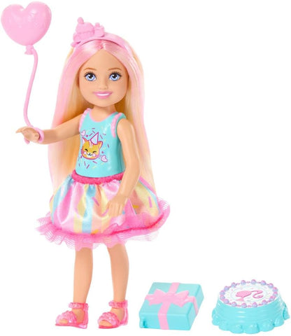 Barbie Club Chelsea 6-Inch Birthday-Themed Small Doll with Pink-Streaked Blonde Hair, Colorful Dress & 4 Party Accessories, JJB37