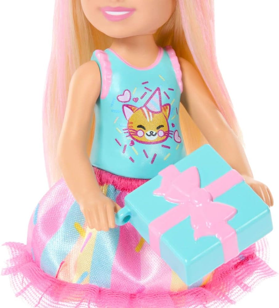 Barbie Club Chelsea 6-Inch Birthday-Themed Small Doll with Pink-Streaked Blonde Hair, Colorful Dress & 4 Party Accessories, JJB37