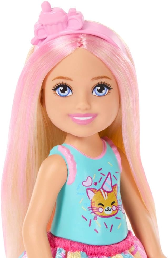 Barbie Club Chelsea 6-Inch Birthday-Themed Small Doll with Pink-Streaked Blonde Hair, Colorful Dress & 4 Party Accessories, JJB37