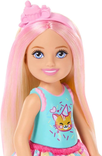Barbie Club Chelsea 6-Inch Birthday-Themed Small Doll with Pink-Streaked Blonde Hair, Colorful Dress & 4 Party Accessories, JJB37