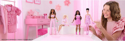 Barbie Deluxe Style Doll #10 in Pink Denim Top and Skirt Set with Bow Print, Black Hair, Behind-the-Ear Hearing Aids and Accessories like Handbag, JJN70