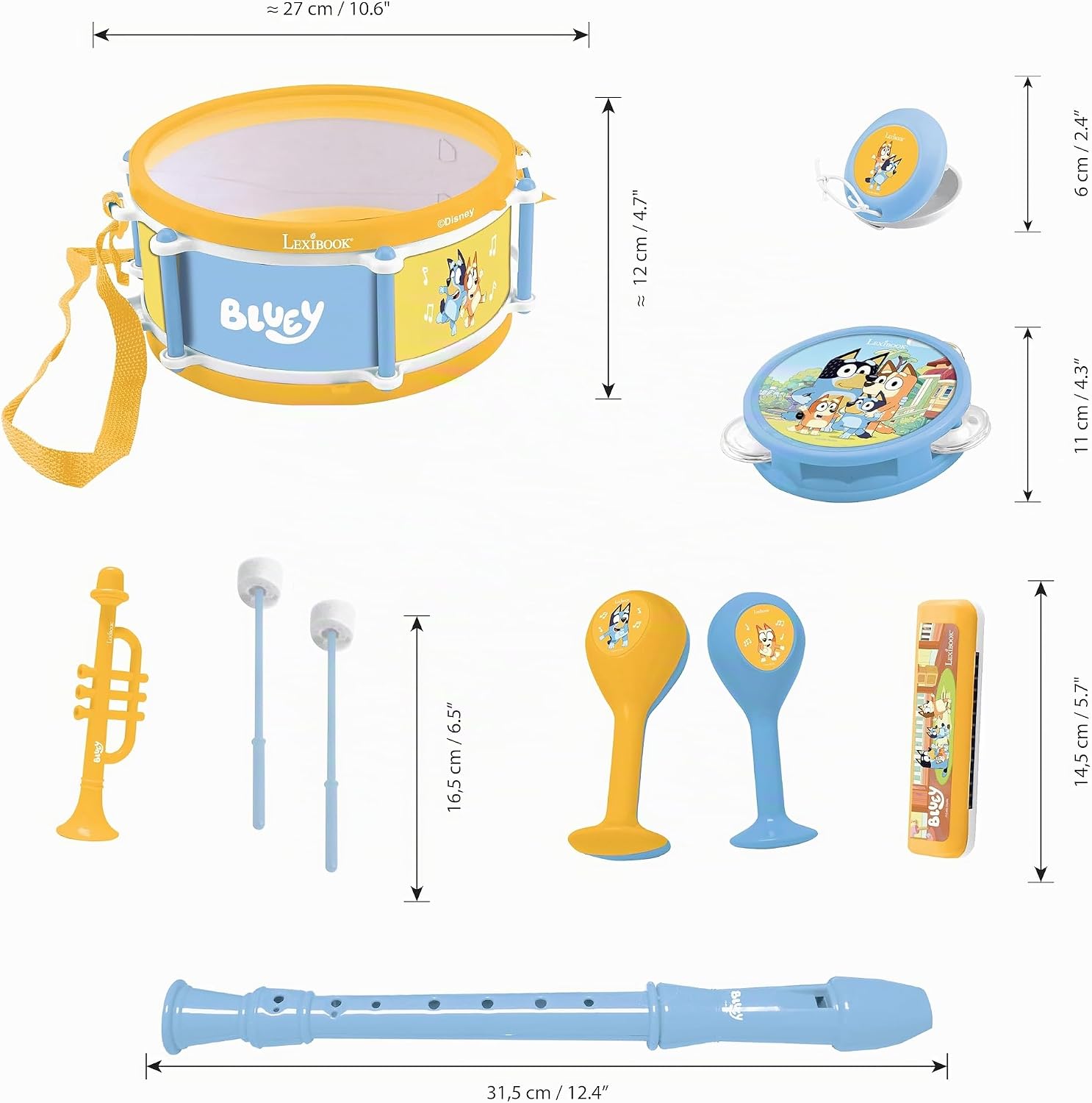 Lexibook, Set musicale Bluey, 7 strumenti in 1, tamburo con bacchette, strumenti a vento e percussioni, giocattolo musicale completo, K360BY