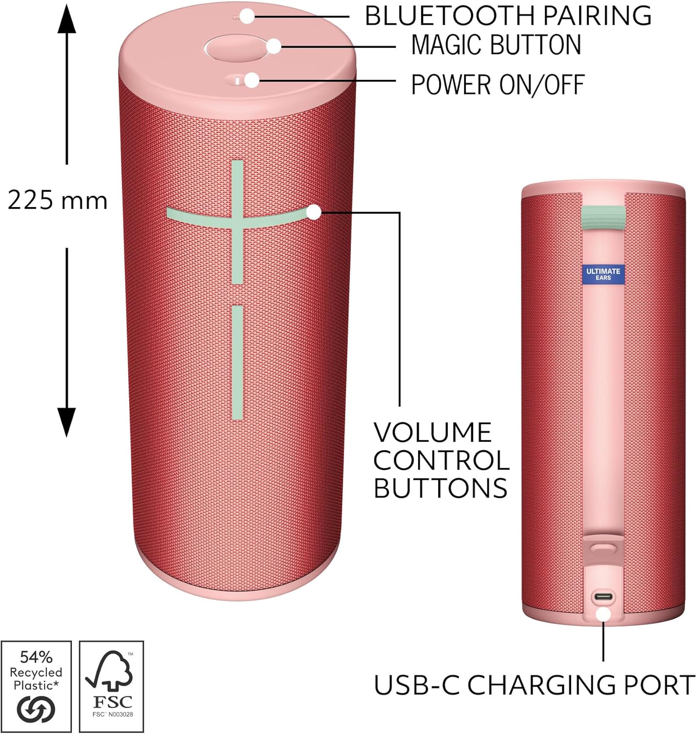 Ultimate Ears MEGABOOM 4 Portable Waterproof Bluetooth Speaker With Powerful 360-Degree Sound and Thundering Bass, Floating Speaker With 20-Hour Battery and 45 m (147 ft) Range - Pink