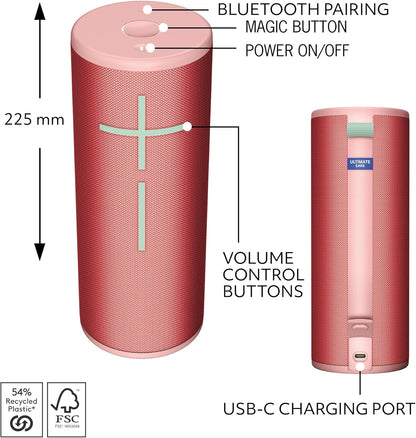 Ultimate Ears MEGABOOM 4 Portable Waterproof Bluetooth Speaker With Powerful 360-Degree Sound and Thundering Bass, Floating Speaker With 20-Hour Battery and 45 m (147 ft) Range - Pink