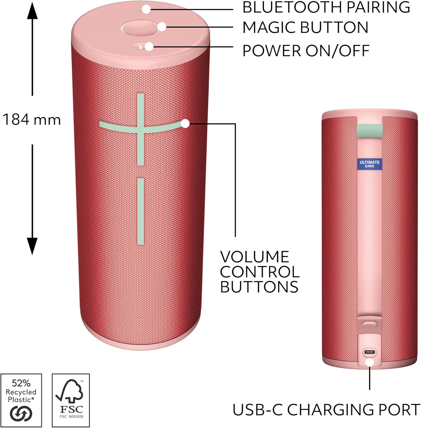 Ultimate Ears BOOM 4 Portable Waterproof Bluetooth Speaker With 360-Degree, Bold, Immersive, Crystal-Clear Sound, Floating Speaker With 15-Hour Battery and 45 m (147 ft) Range - Raspberry