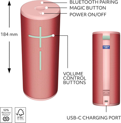 Ultimate Ears BOOM 4 Portable Waterproof Bluetooth Speaker With 360-Degree, Bold, Immersive, Crystal-Clear Sound, Floating Speaker With 15-Hour Battery and 45 m (147 ft) Range - Raspberry