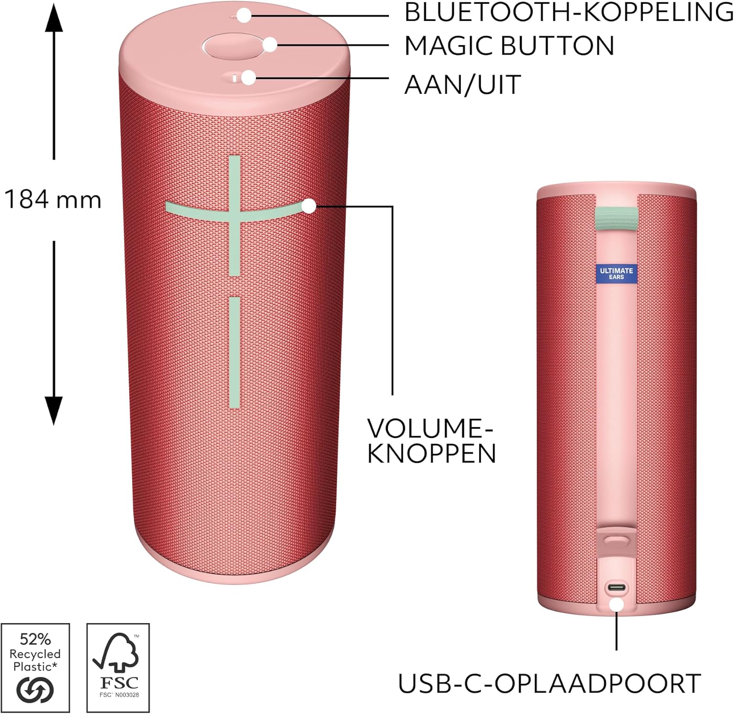Ultimate Ears BOOM 4 Portable Waterproof Bluetooth Speaker With 360-Degree, Bold, Immersive, Crystal-Clear Sound, Floating Speaker With 15-Hour Battery and 45 m (147 ft) Range - Raspberry