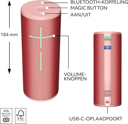 Ultimate Ears BOOM 4 Portable Waterproof Bluetooth Speaker With 360-Degree, Bold, Immersive, Crystal-Clear Sound, Floating Speaker With 15-Hour Battery and 45 m (147 ft) Range - Raspberry