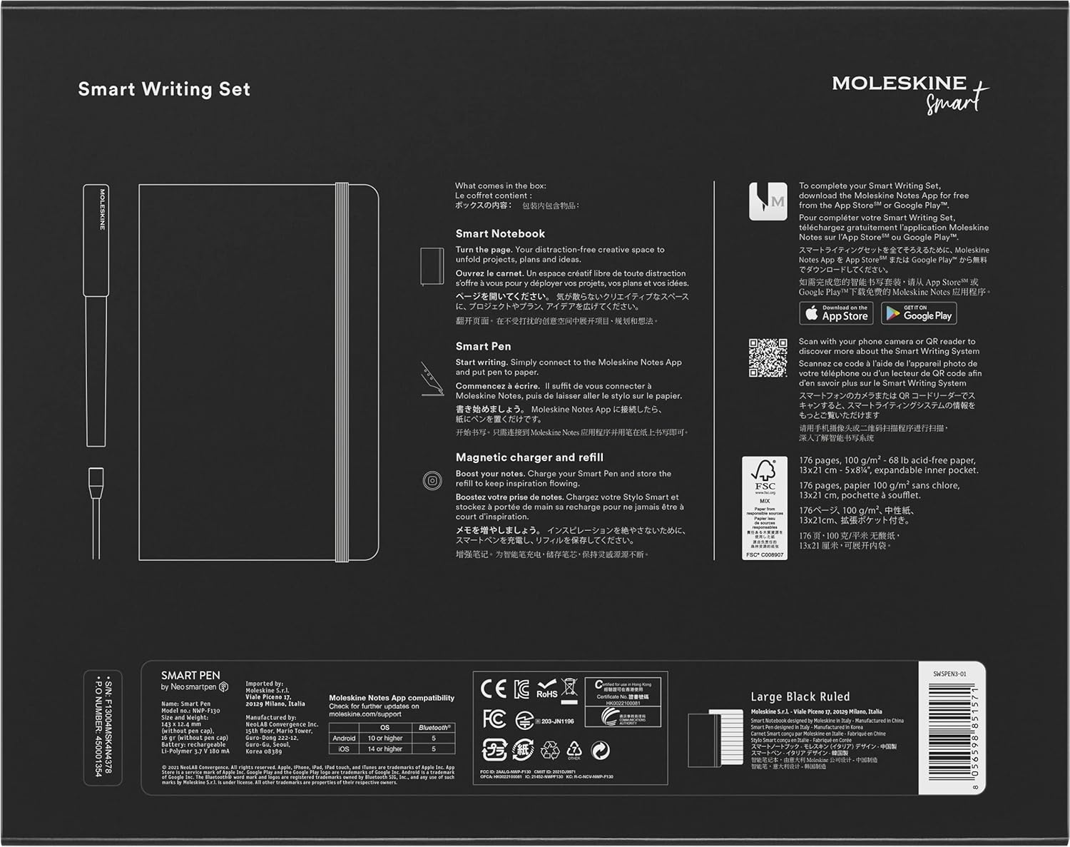 Moleskine Smart Writing Set, Digital Notebook With Smart Pen Included, Lined Pages, Large, 13x21 cm, Black