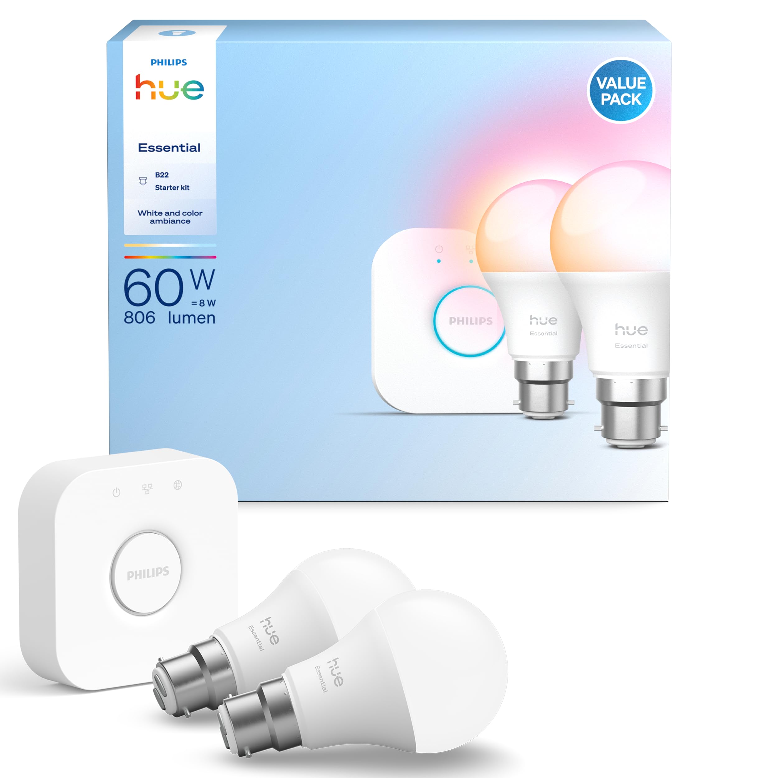 Starter Kit: Bridge + 2 Essential B22 Smart Bulbs, White and Color Ambiance, 2200K-6500K, Dimmable, Works with Alexa, Google Assistant, Samsung SmartThings, Apple Home