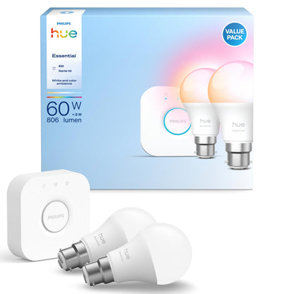 Starter Kit: Bridge + 2 Essential B22 Smart Bulbs, White and Color Ambiance, 2200K-6500K, Dimmable, Works with Alexa, Google Assistant, Samsung SmartThings, Apple Home