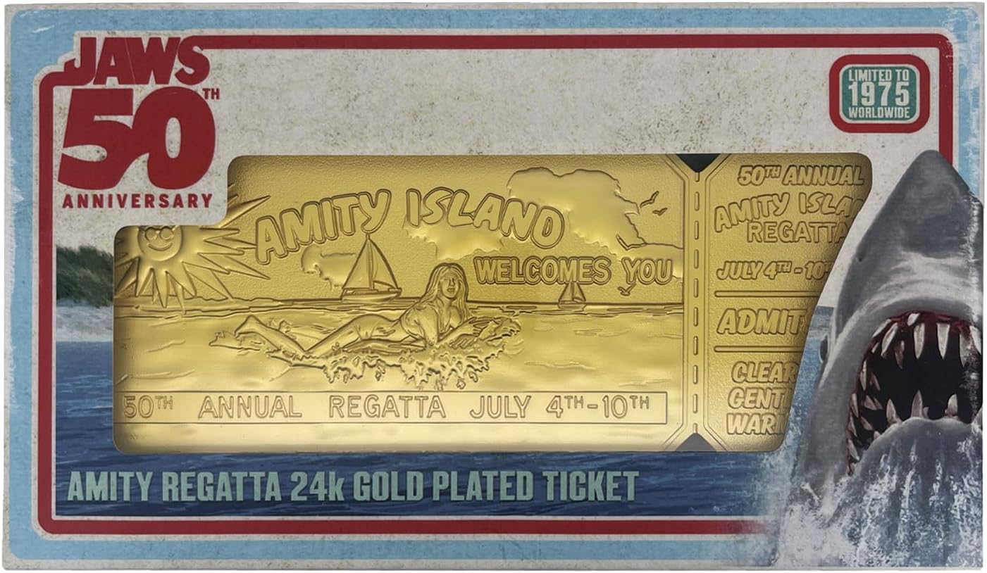 FaNaTtik Jaws 50th Anniversary Regatta Ticket Replica – Limited Edition Collectible (24k Gold Plated, Officially Licensed, 160x65mm, Display Stand Included