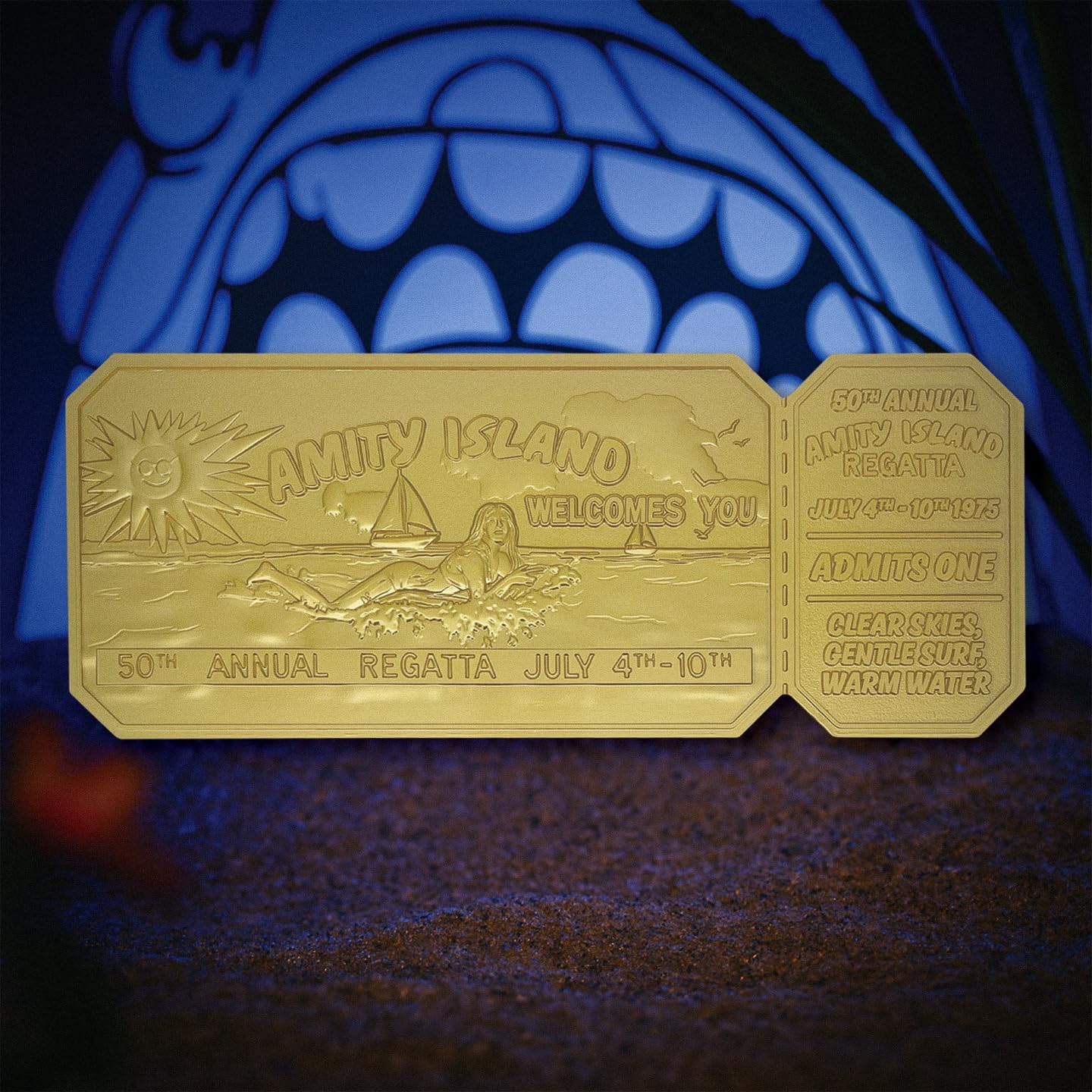 FaNaTtik Jaws 50th Anniversary Regatta Ticket Replica – Limited Edition Collectible (24k Gold Plated, Officially Licensed, 160x65mm, Display Stand Included