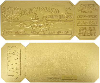 FaNaTtik Jaws 50th Anniversary Regatta Ticket Replica – Limited Edition Collectible (24k Gold Plated, Officially Licensed, 160x65mm, Display Stand Included