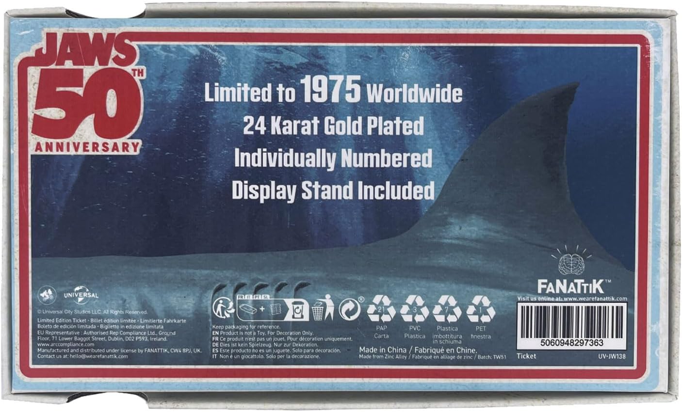 FaNaTtik Jaws 50th Anniversary Regatta Ticket Replica – Limited Edition Collectible (24k Gold Plated, Officially Licensed, 160x65mm, Display Stand Included