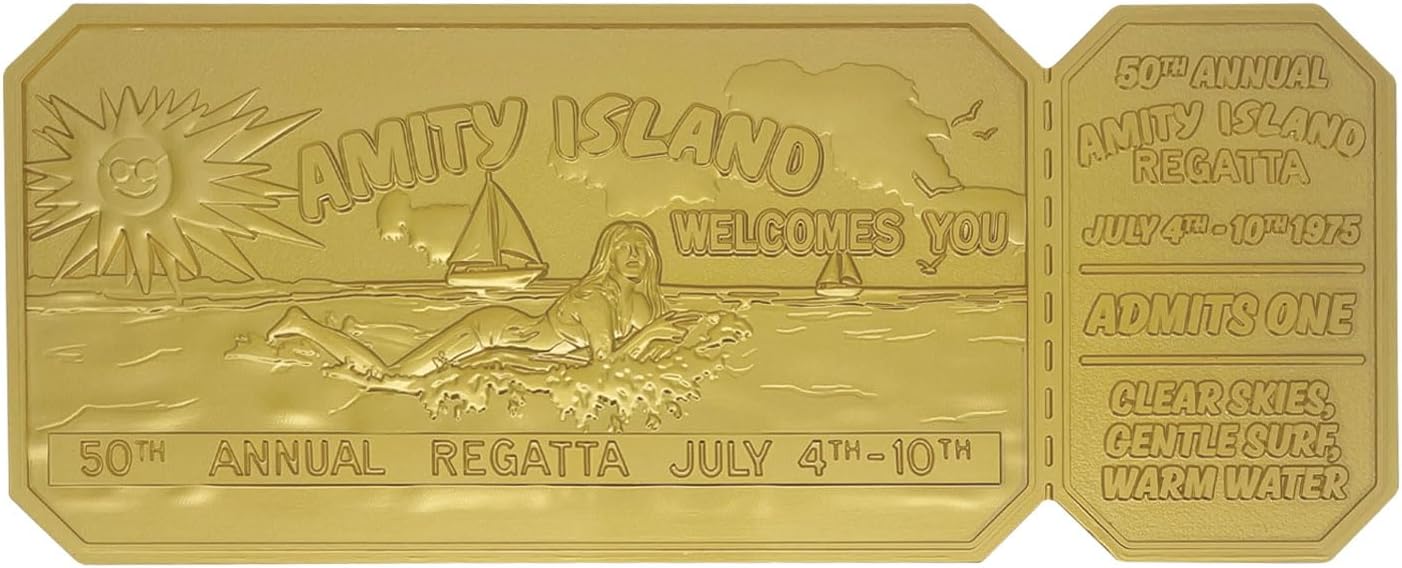 FaNaTtik Jaws 50th Anniversary Regatta Ticket Replica – Limited Edition Collectible (24k Gold Plated, Officially Licensed, 160x65mm, Display Stand Included