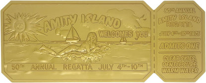 FaNaTtik Jaws 50th Anniversary Regatta Ticket Replica – Limited Edition Collectible (24k Gold Plated, Officially Licensed, 160x65mm, Display Stand Included