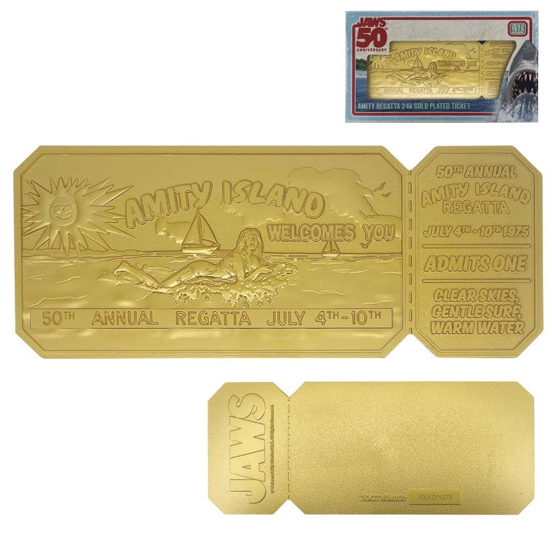 FaNaTtik Jaws 50th Anniversary Regatta Ticket Replica – Limited Edition Collectible (24k Gold Plated, Officially Licensed, 160x65mm, Display Stand Included