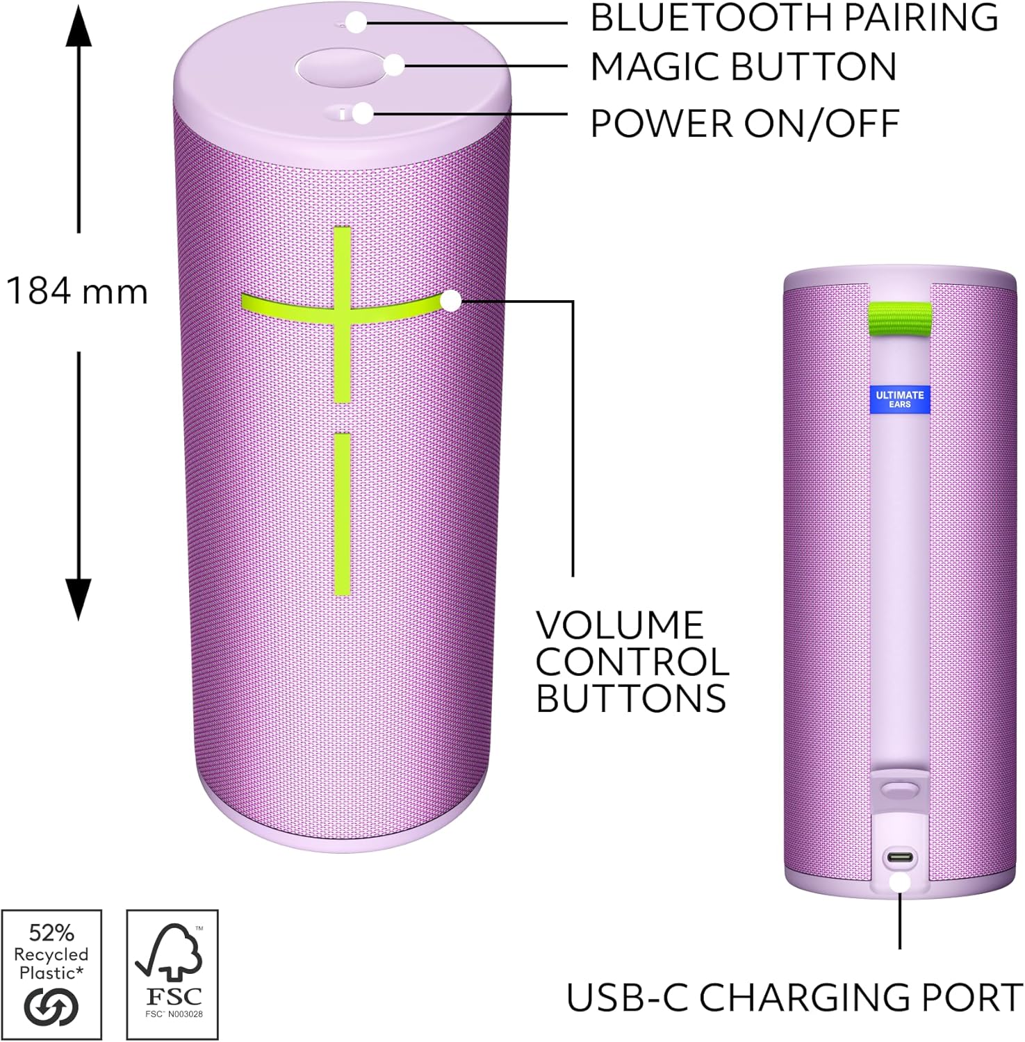 Ultimate Ears BOOM 4 Portable Waterproof Bluetooth Speaker With 360-Degree, Bold, Immersive, Crystal-Clear Sound, Floating Speaker With 15-Hour Battery and 45 m (147 ft) Range, USB-C - Lilac