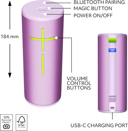 Ultimate Ears BOOM 4 Portable Waterproof Bluetooth Speaker With 360-Degree, Bold, Immersive, Crystal-Clear Sound, Floating Speaker With 15-Hour Battery and 45 m (147 ft) Range, USB-C - Lilac