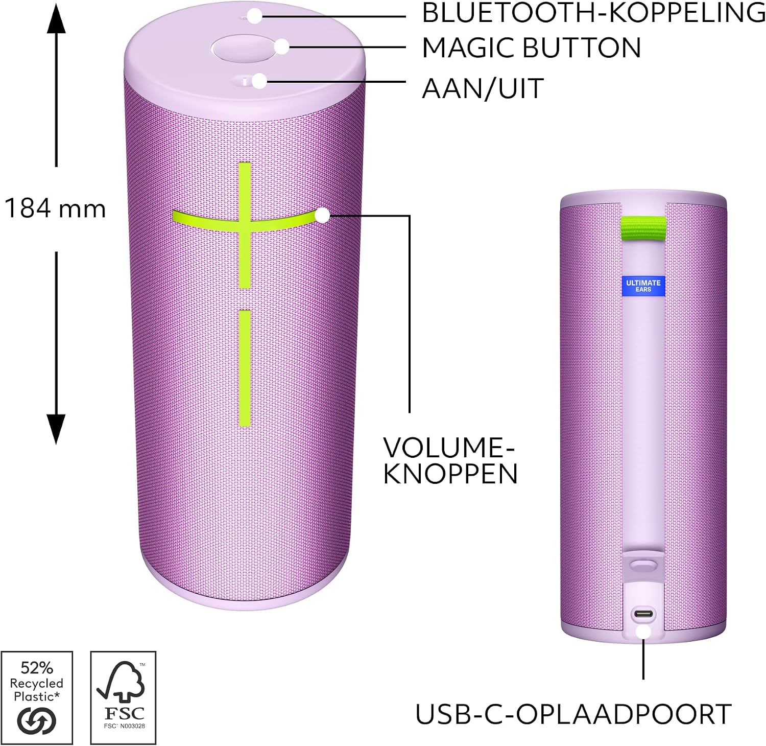 Ultimate Ears BOOM 4 Portable Waterproof Bluetooth Speaker With 360-Degree, Bold, Immersive, Crystal-Clear Sound, Floating Speaker With 15-Hour Battery and 45 m (147 ft) Range, USB-C - Lilac